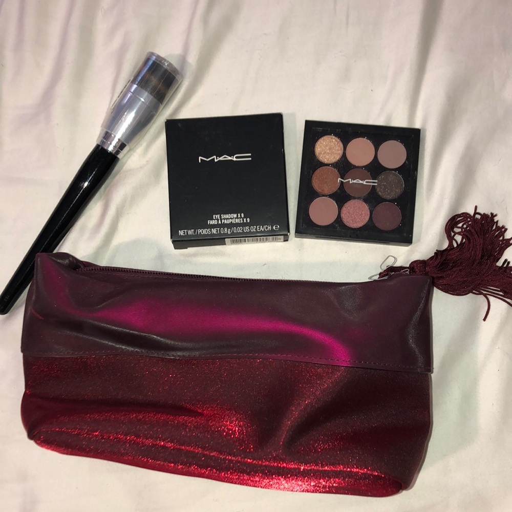 MAC Cosmetics Eyeshadow Palette with sephora Brush and Burgundy YSL makeup Bag